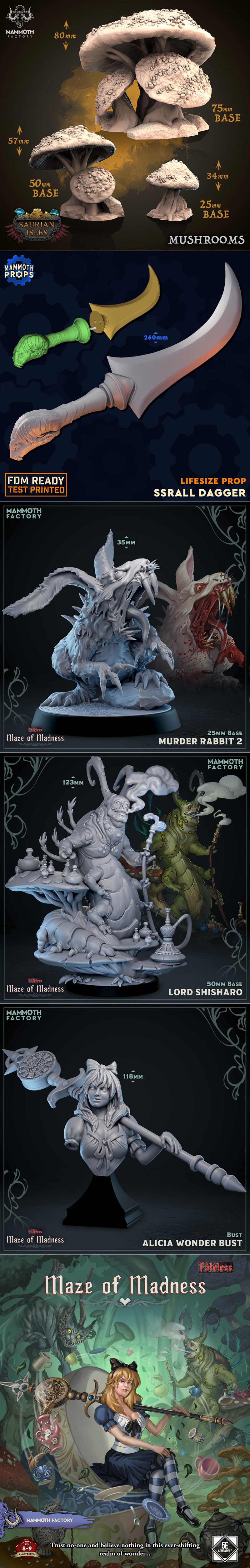 Collection of 3D printable fantasy figures from Mammoth Factory's Maze of Madness series, including a dragon, Jumboth...