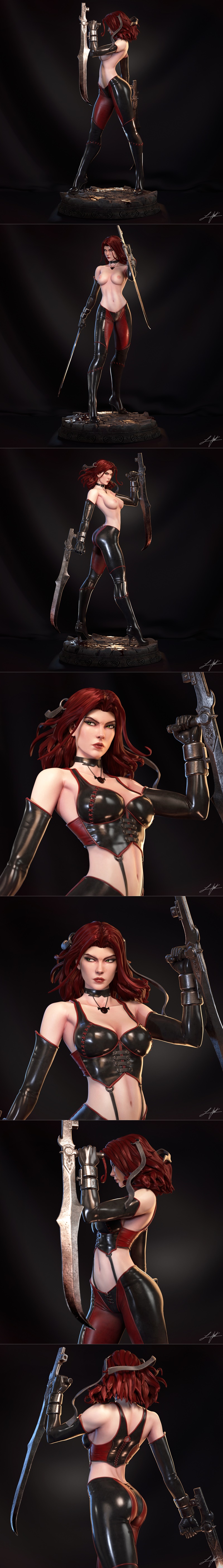 Rayne from BloodRayne, a female figure in a black latex outfit and red leggings, holding two large blades in a combat...