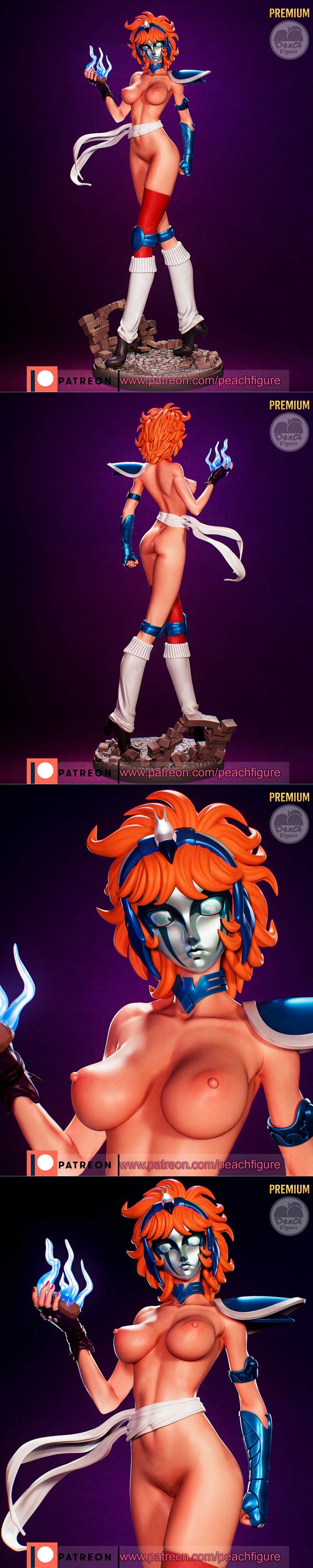 Marin from Saint Seiya anime figure by Peach Figure, holding blue flames, wearing blue armor, black bodysuit, red boo...