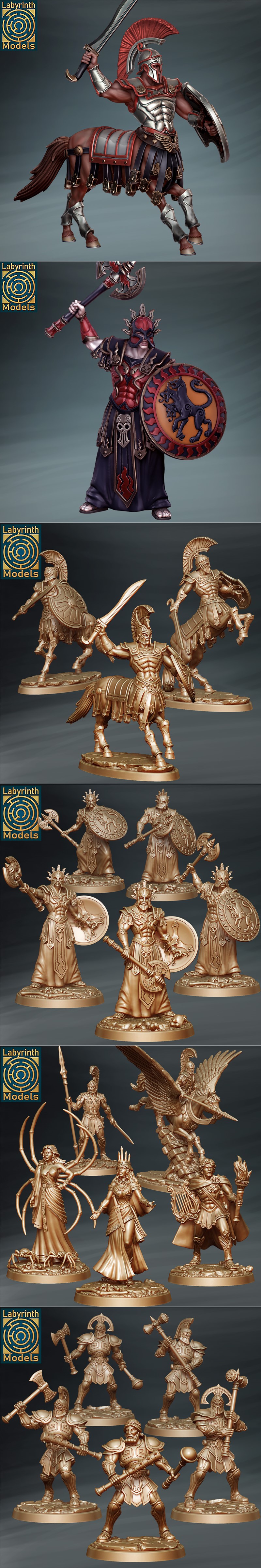 Collection of mythological 3D printable figures from Labyrinth Models, including warriors, a centaur, a goddess with...