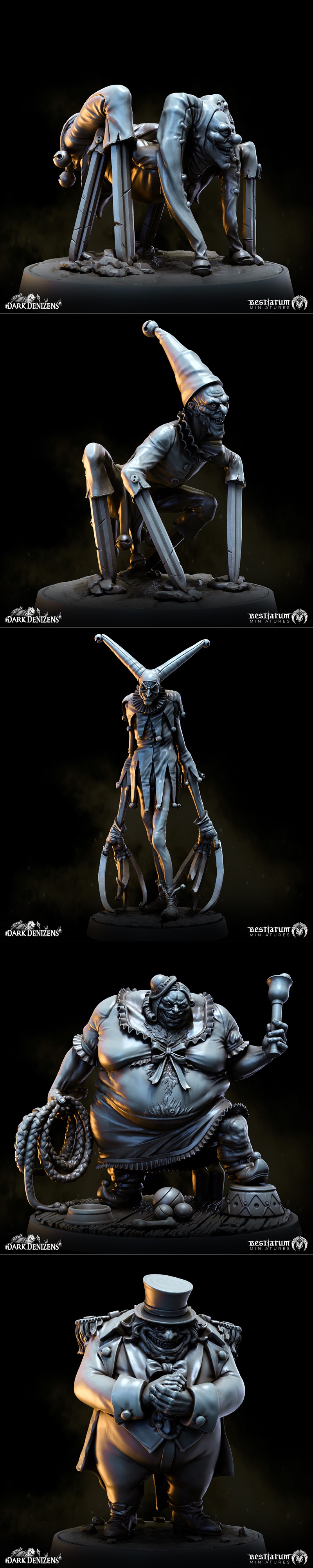 Collection of dark fantasy 3D printable miniatures from Bestiarum Miniatures, featuring grotesque circus clowns, a ri...