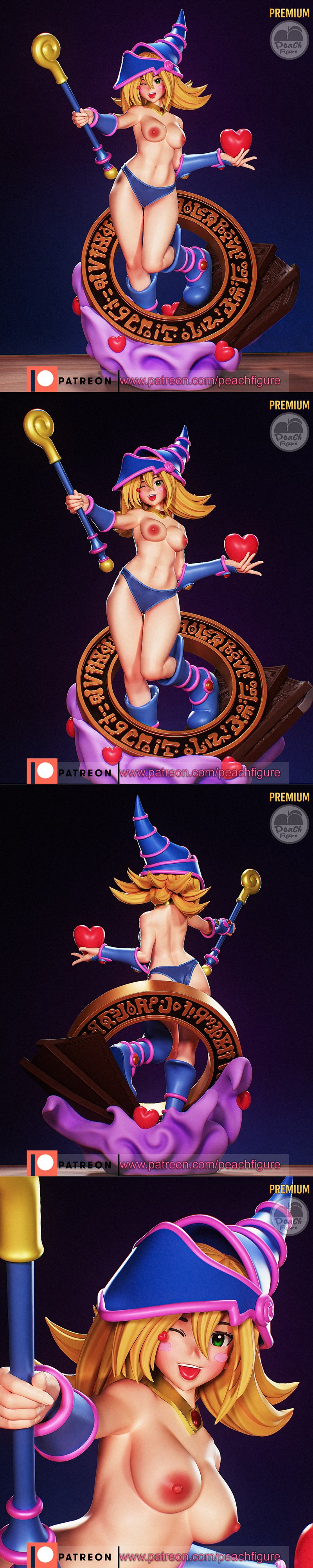 3D model figure of Dark Magician Girl from Yu-Gi-Oh!, wearing a blue and pink outfit and witch hat, holding a staff a...