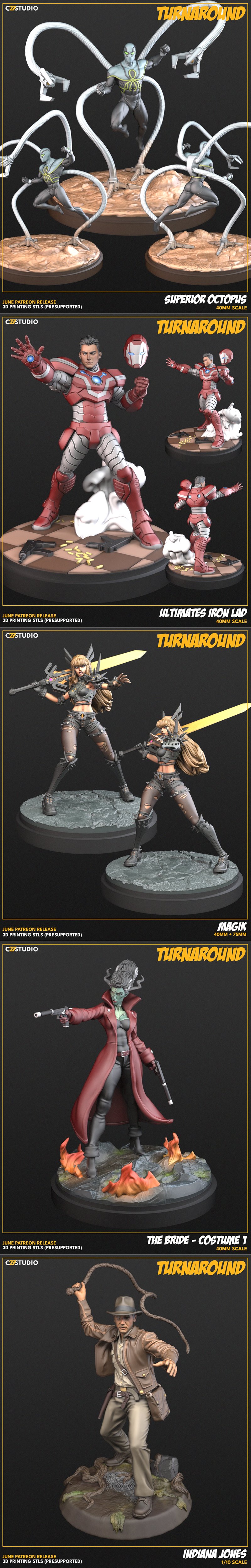 Collection of 3D printable miniatures: a demon woman, an elf druid, a horror bride, and a mermaid-like figure, presen...