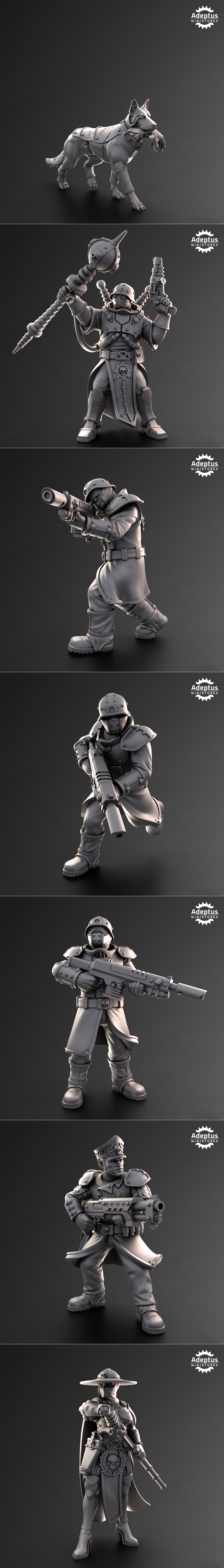 Collection of 10 3D printable sci-fi mercenary models by Adeptus Miniatures. Figures include soldiers with heavy weap...