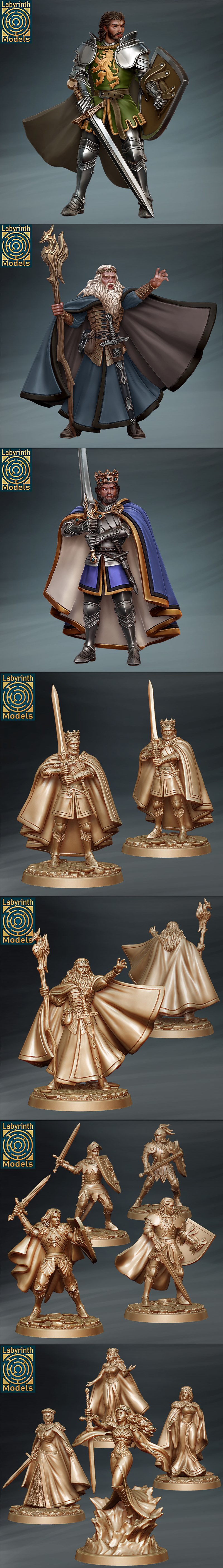 Collection of fantasy 3D printable figures: knights in armor with swords and shields, a queen in a red gown, a sorcer...
