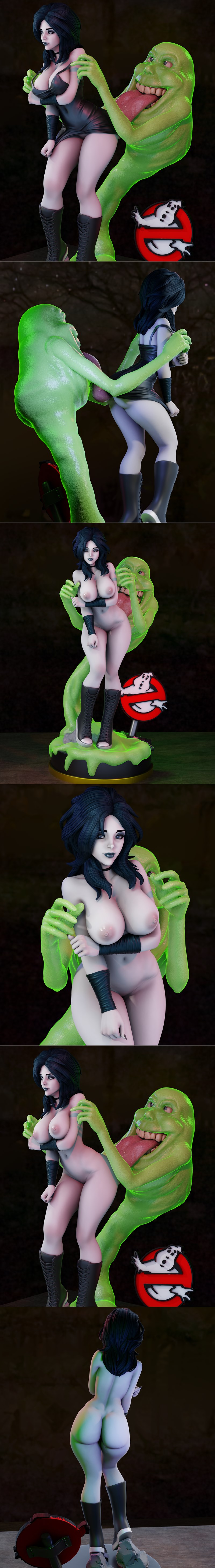 Kylie Griffin 3D model in a black dress and boots, embraced by a green ghost, with a Ghostbusters logo on a slime-cov...