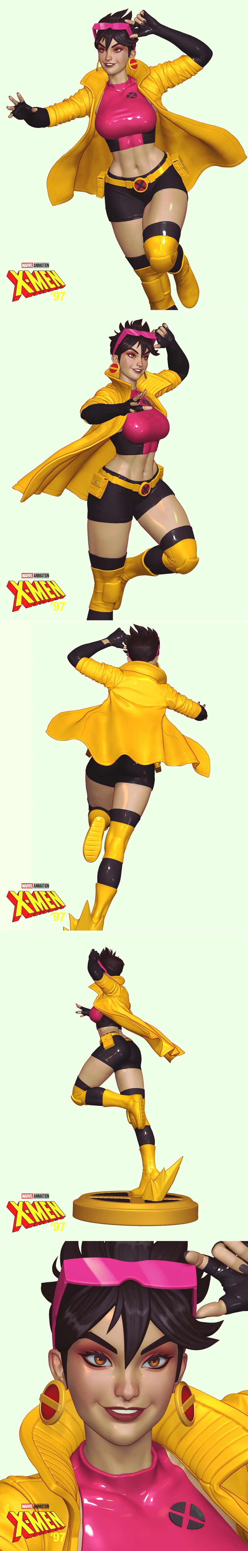 3D model of Jubilee from X-Men '97, wearing a yellow coat, pink top, and black shorts, in a dynamic running pose on a...