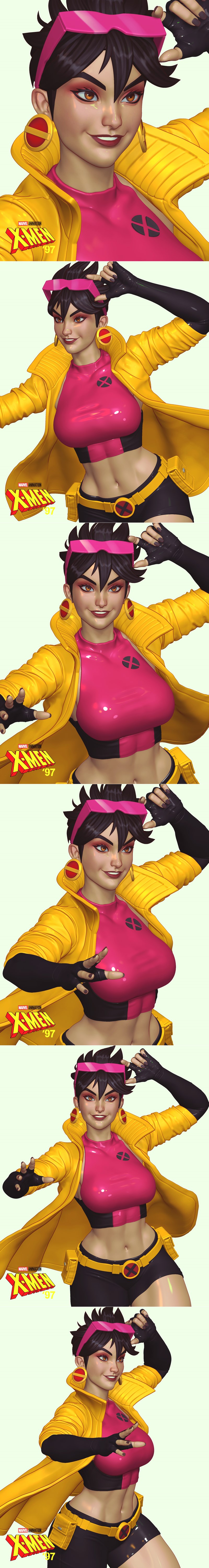 3D model of Jubilee from X-Men '97, wearing a yellow coat, pink top, and black shorts, in a dynamic running pose on a...