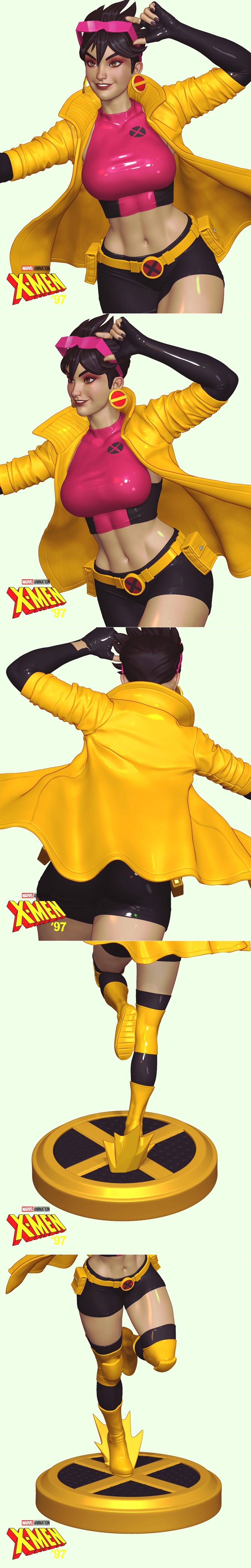 3D model of Jubilee from X-Men '97, wearing a yellow coat, pink top, and black shorts, in a dynamic running pose on a...