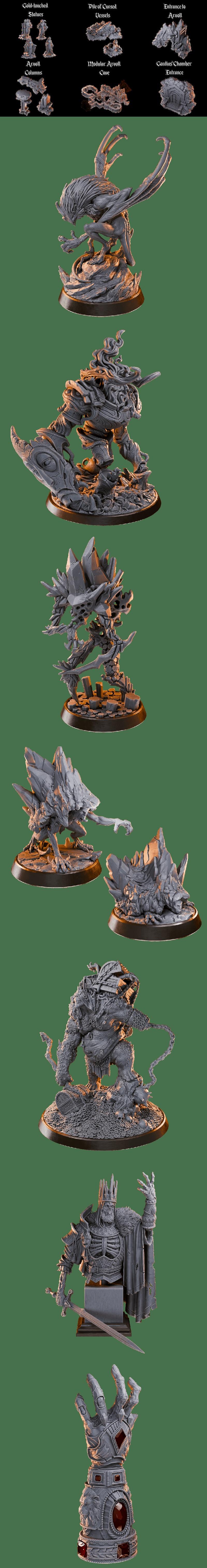 Collection of fantasy 3D printable miniatures including monsters, warriors, and busts. Features include a giant hand,...