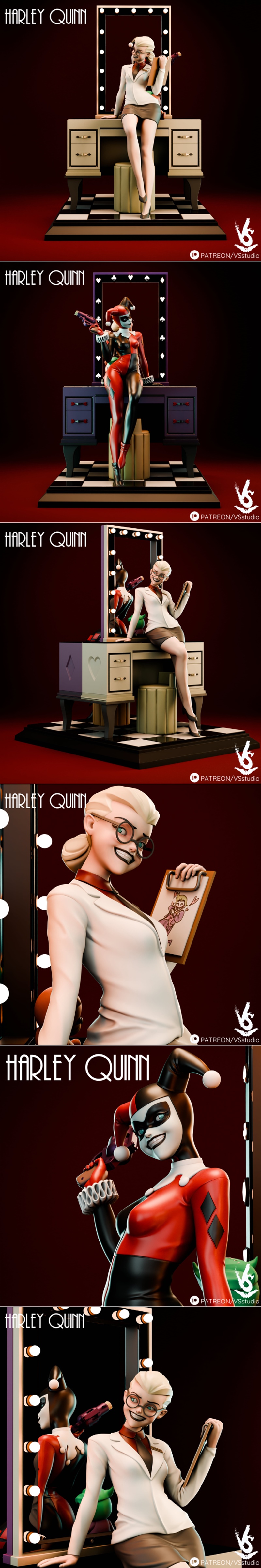 3D model diorama of Harley Quinn in jester costume holding a gun, with a second figure in business attire. Features p...