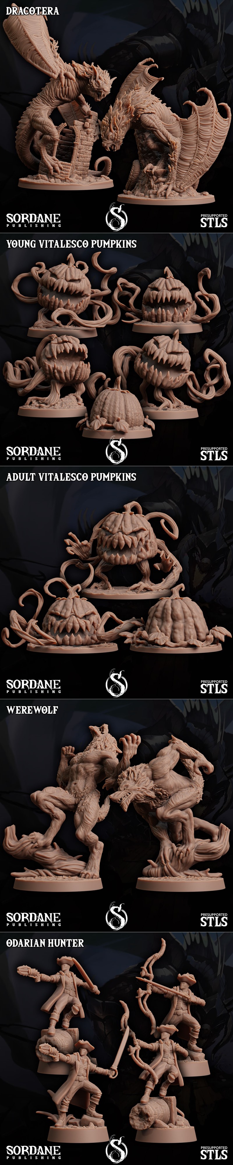 Collection of fantasy 3D printable figures: winged hunters, goblins with hats and guns, axolian warriors with rifles,...