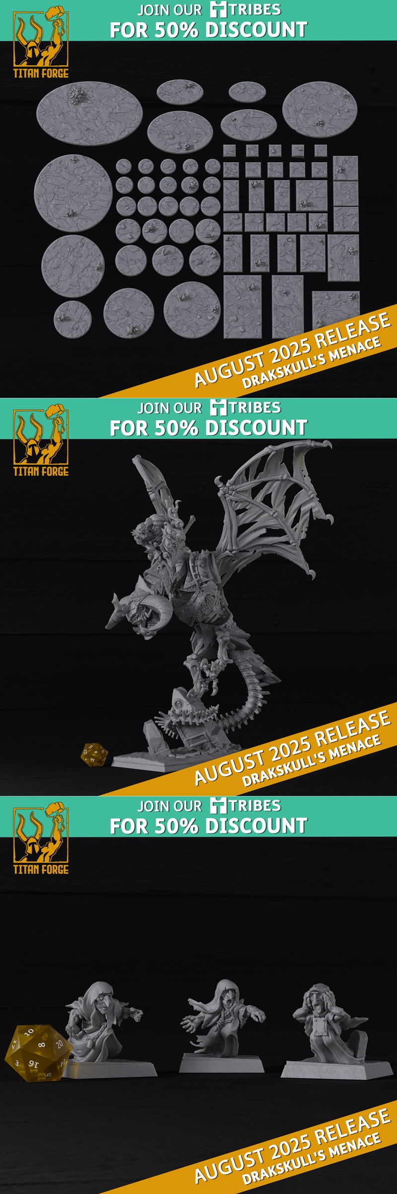 Collection of fantasy tabletop miniatures from Titan Forge Miniatures, featuring orcs with axes, a winged creature, a...