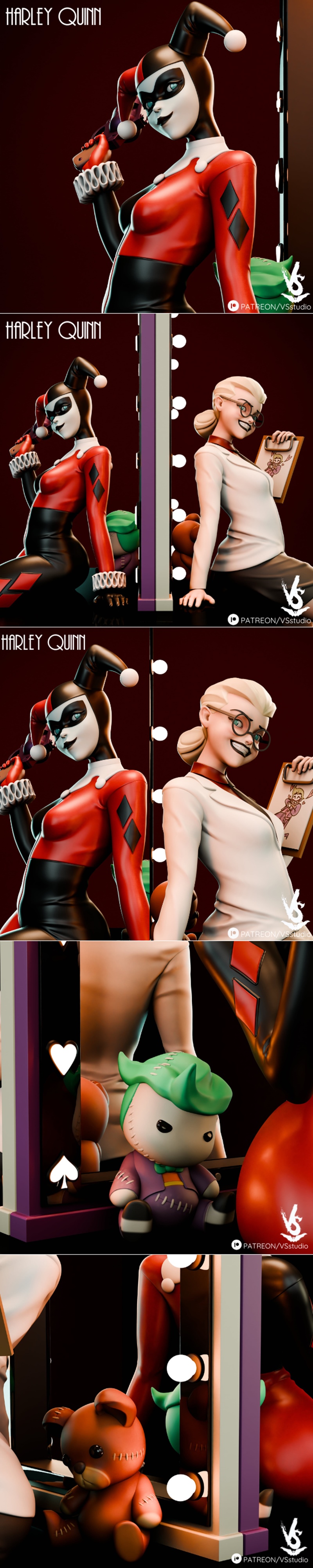 3D model diorama of Harley Quinn in jester costume holding a gun, with a second figure in business attire. Features p...