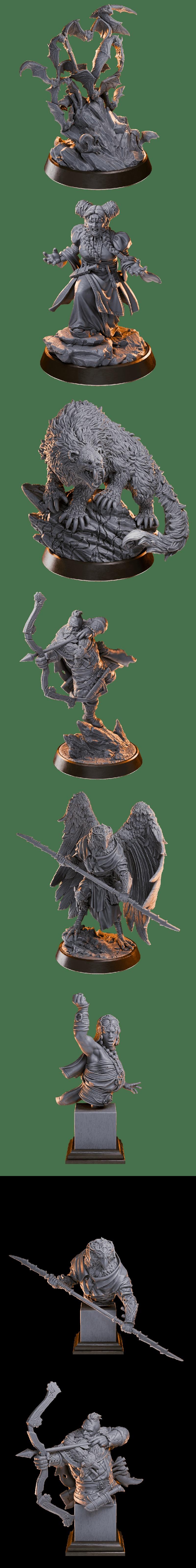 Collection of fantasy 3D printable miniatures including monsters, warriors, and busts. Features include a giant hand,...
