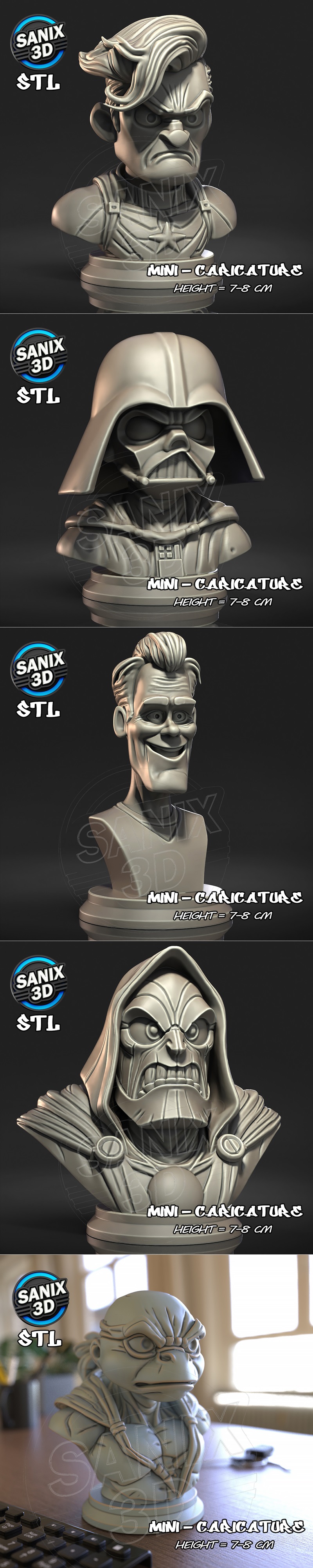 Collection of "Mini-Caricature" 3D printable busts by Sanix, including Superman, a cyborg, a Hulk-like figu...