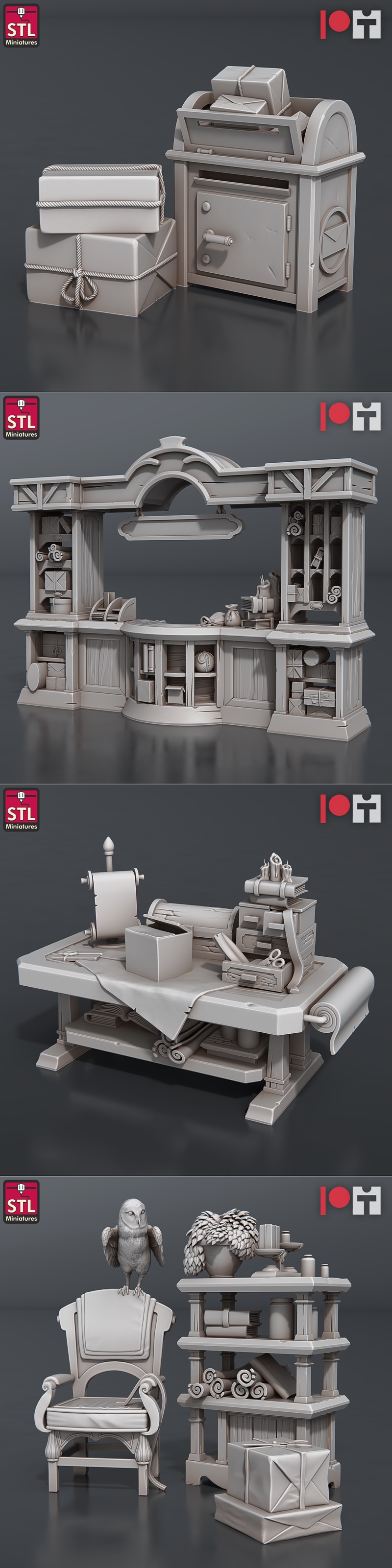 3D print models of a fantasy post office set by STL Miniatures, featuring a griffin rider, a dwarf with a bird, a pos...