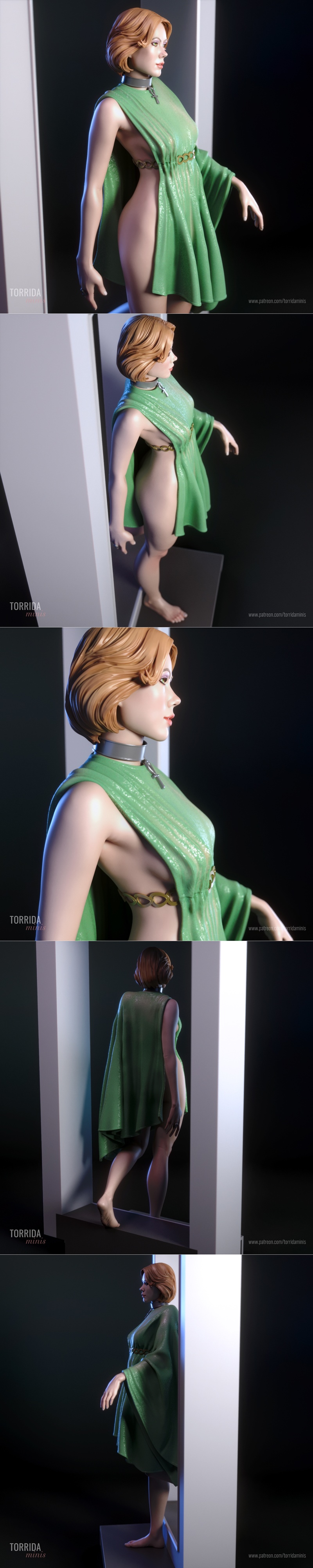 3D model of Jessica 6 by Torrida Minis, wearing a shimmering green dress and choker, in a dynamic stepping pose.