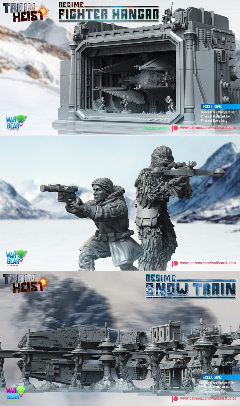 3D printable models including sci-fi soldiers, swamp creatures, and modular terrain. Featured sets are 'Train Heist',...