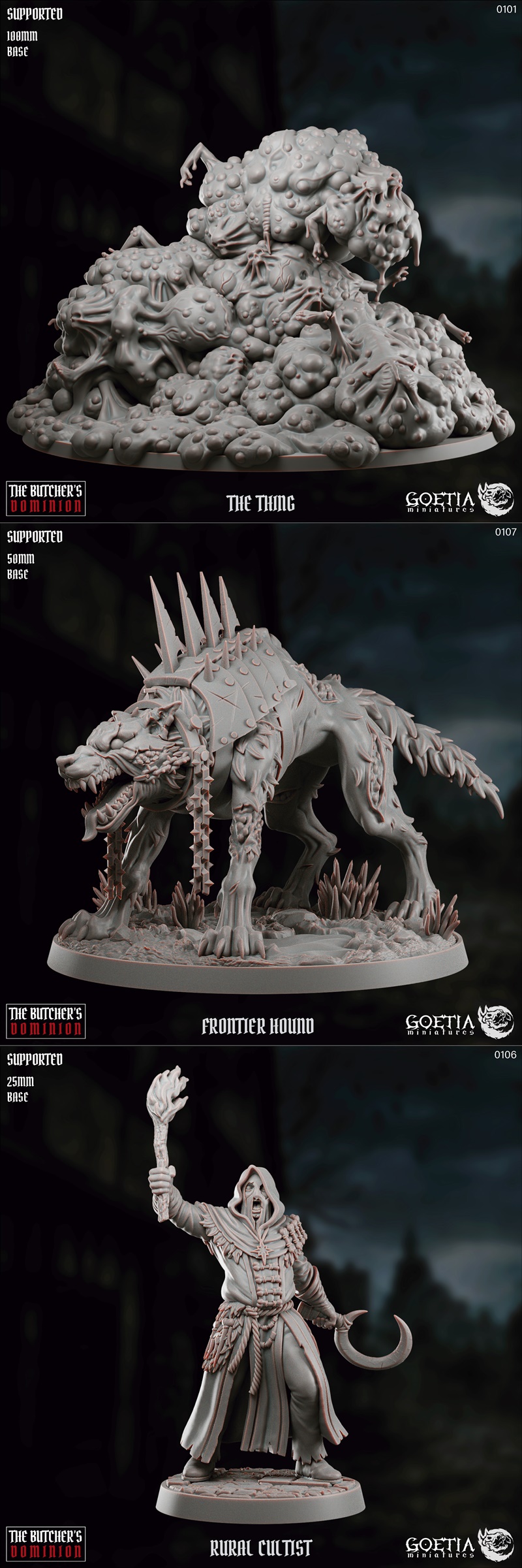 Collection of dark fantasy 3D printable miniatures from Goetia Miniatures, featuring monsters like 'The Butcher' and...