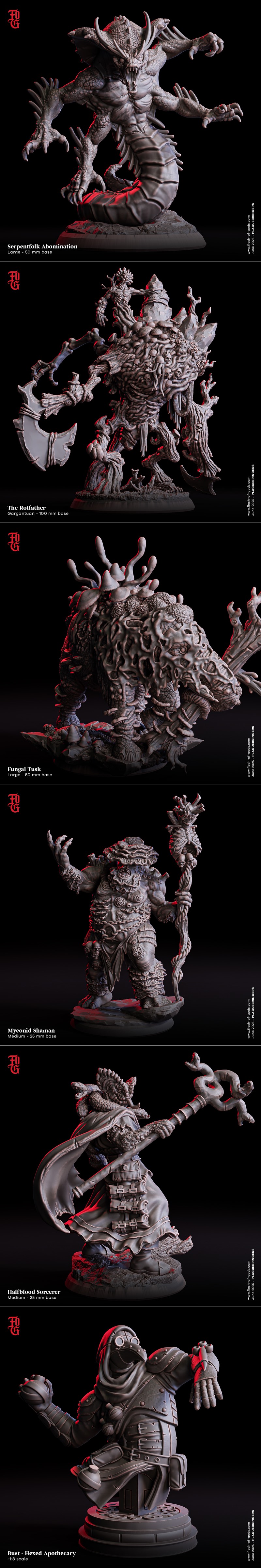 Collection of dark fantasy 3D printable figures: Spore Servants, Kordek of the Bleeding Bloom, Medusa, and Pureblood...