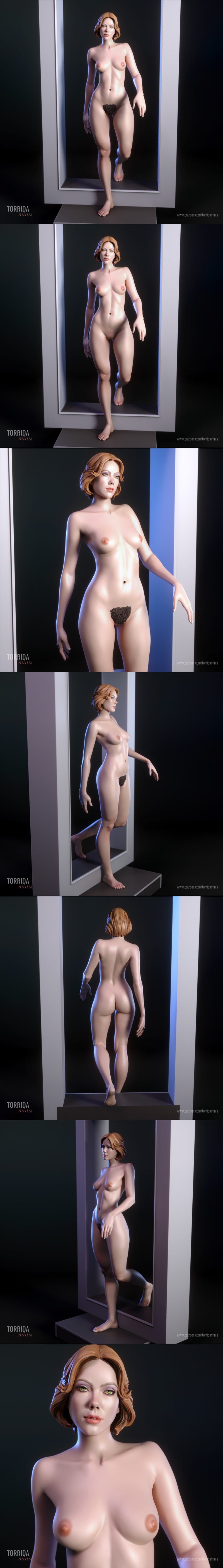3D model of Jessica 6 by Torrida Minis, wearing a shimmering green dress and choker, in a dynamic stepping pose.