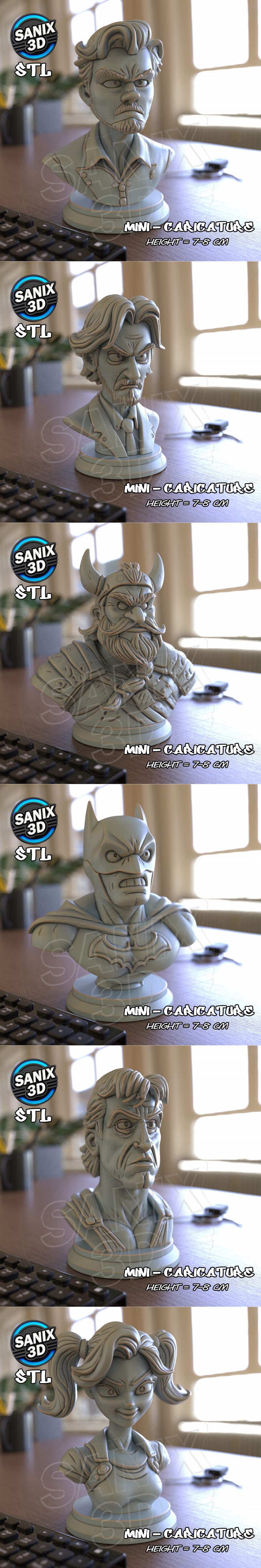 Collection of "Mini-Caricature" 3D printable busts by Sanix, including Superman, a cyborg, a Hulk-like figu...
