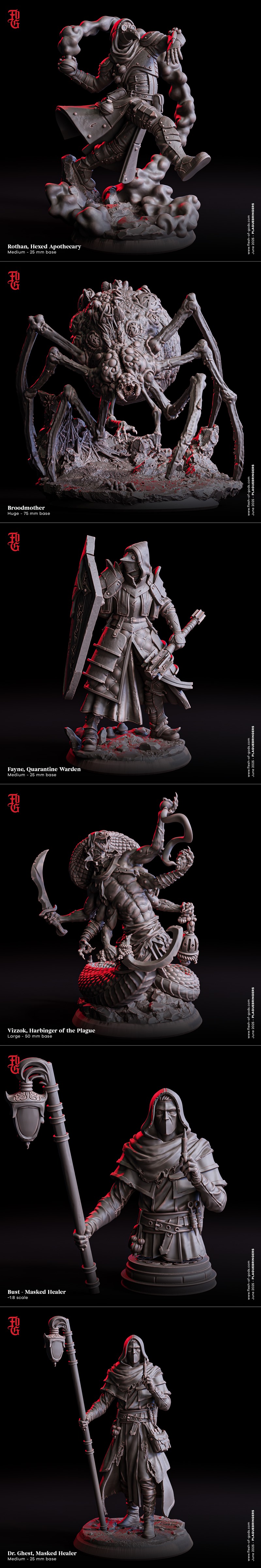 Collection of dark fantasy 3D printable figures: Spore Servants, Kordek of the Bleeding Bloom, Medusa, and Pureblood...