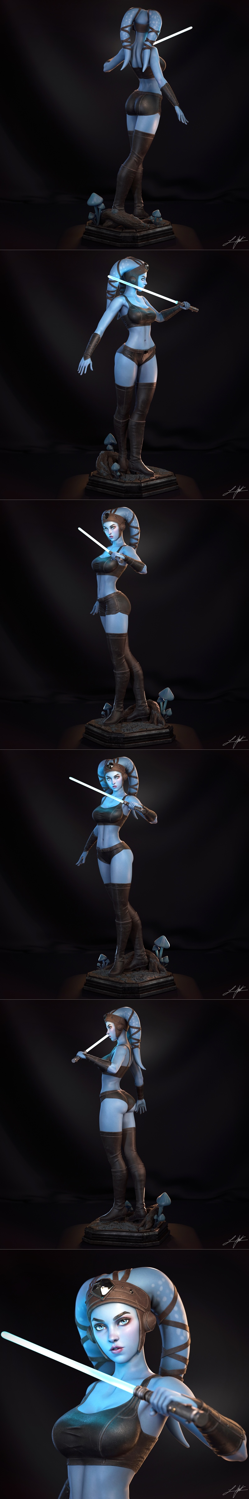 Aayla Secura 3D model, Twi'lek Jedi with blue skin, holding a blue lightsaber, wearing a crop top, shorts, and thigh-...