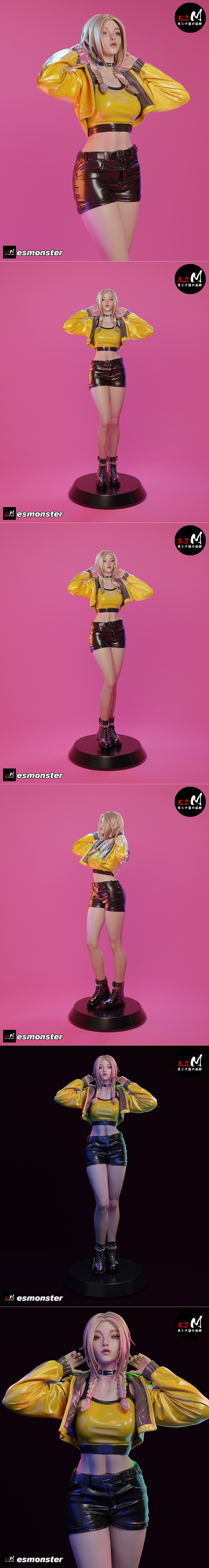 3D model figure of Zhu Yunge in yellow crop top, bomber jacket, and black leather shorts, wearing chunky boots and br...