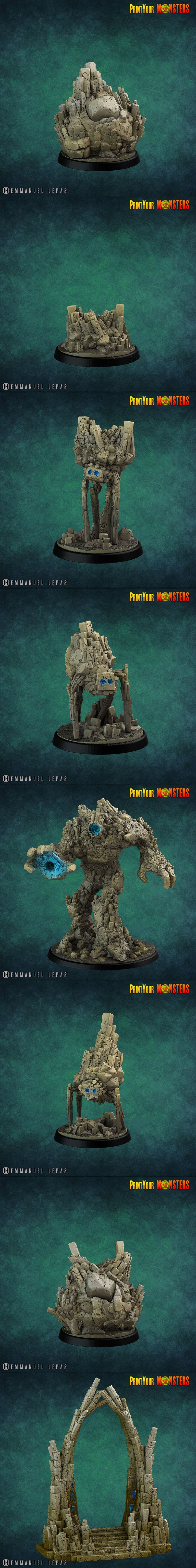 3D printable models of a stone dragon and rock golems. Includes terrain pieces like arches and rock clusters. From Pr...