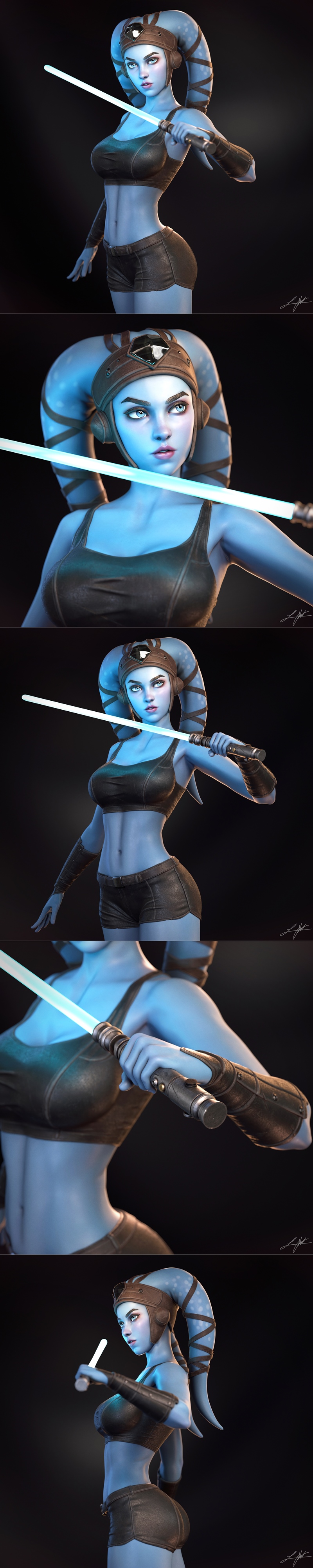 Aayla Secura 3D model, Twi'lek Jedi with blue skin, holding a blue lightsaber, wearing a crop top, shorts, and thigh-...