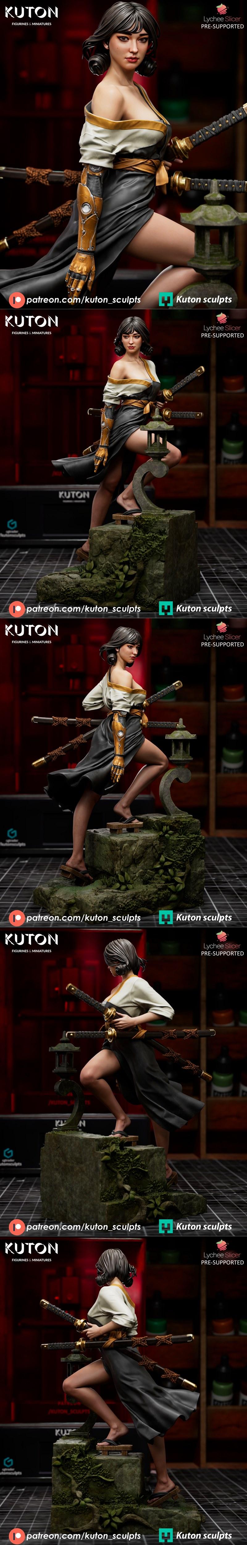 Kira Mekai 3D model by Kuton Figurines, dynamic pose with katanas, gold cybernetic arm, revealing outfit, on mossy st...