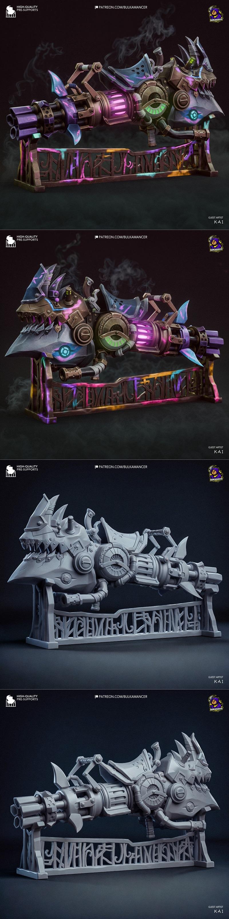 3D model of Jinx's Rhino Gun from Arcane, a complex mechanical weapon with multiple barrels, glowing purple energy, a...