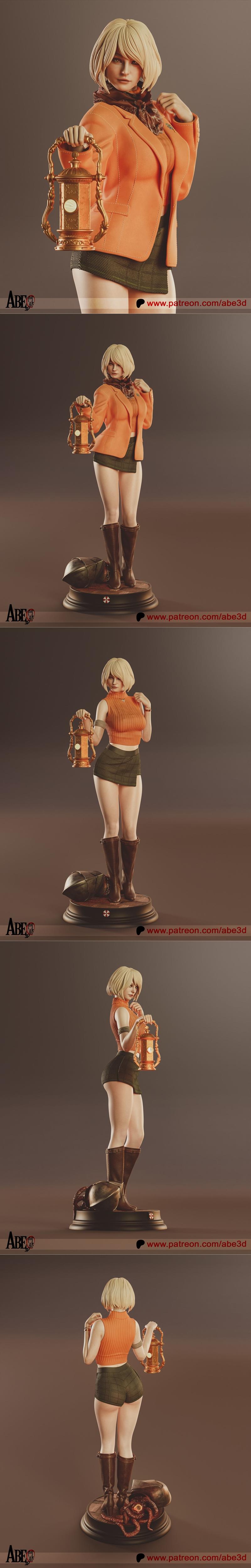 3D model figure of Ashley Graham from Resident Evil, wearing an orange crop top, plaid skirt, and brown boots, holdin...