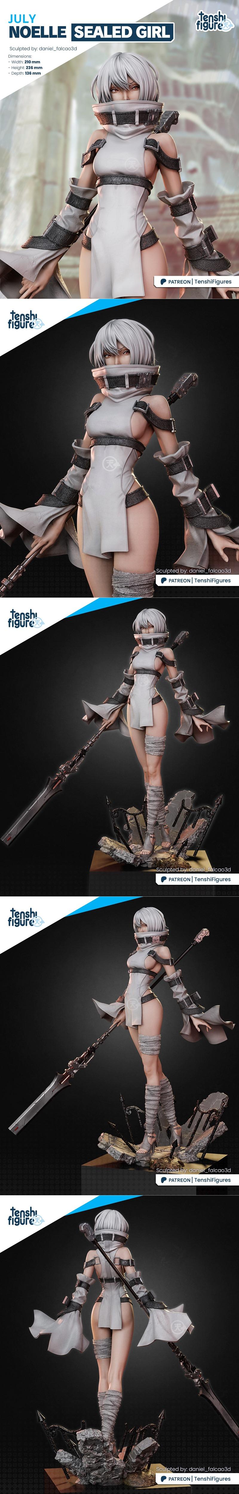 3D model of Noelle from Nier, standing on a ruined base, holding a large sword. She wears a white dress with dark arm...
