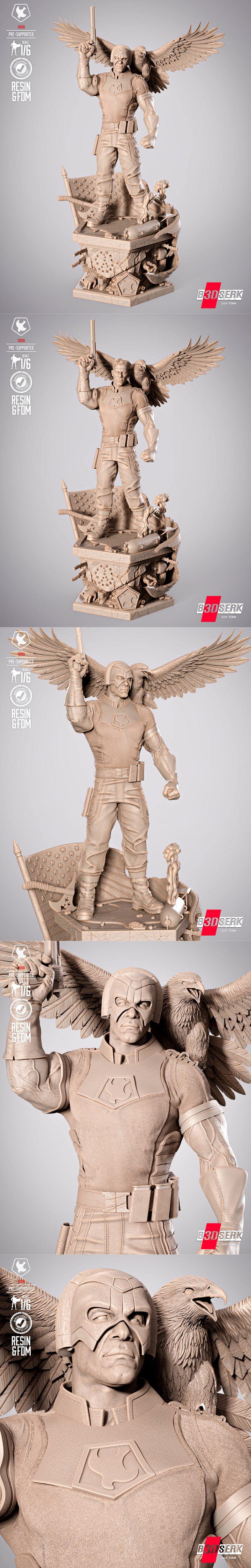 Peacemaker character 3D model, 1/6 scale, with eagle companion, holding weapon aloft, standing on detailed base with...