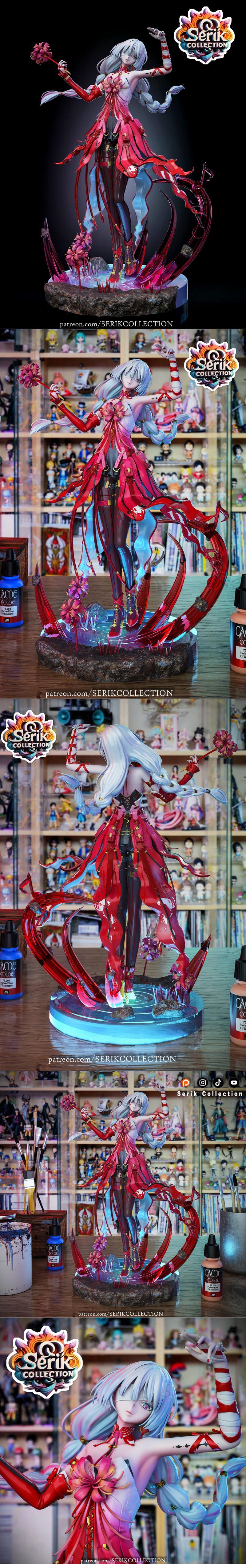 3D model figure of Phrolova by Serik Collection, an elegant female with white hair in a red and pink outfit, holding...