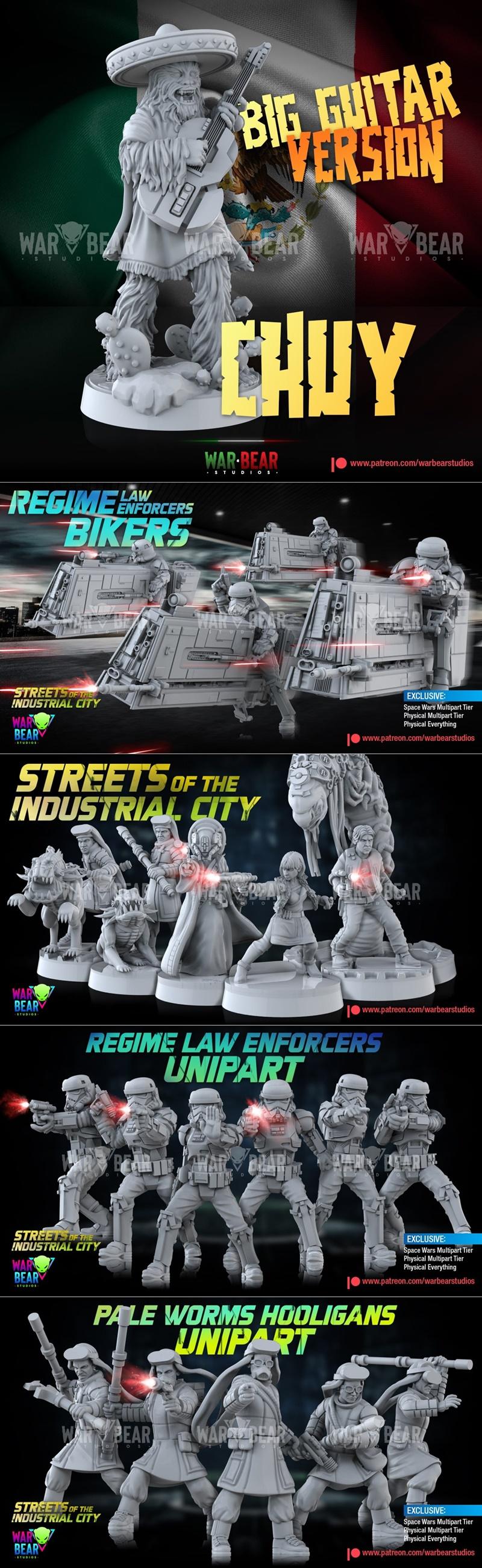 3D model renders of War Bear Studios' September 2023 releases: Chuy with guitar and sombrero, Regime Law Enforcers Bi...