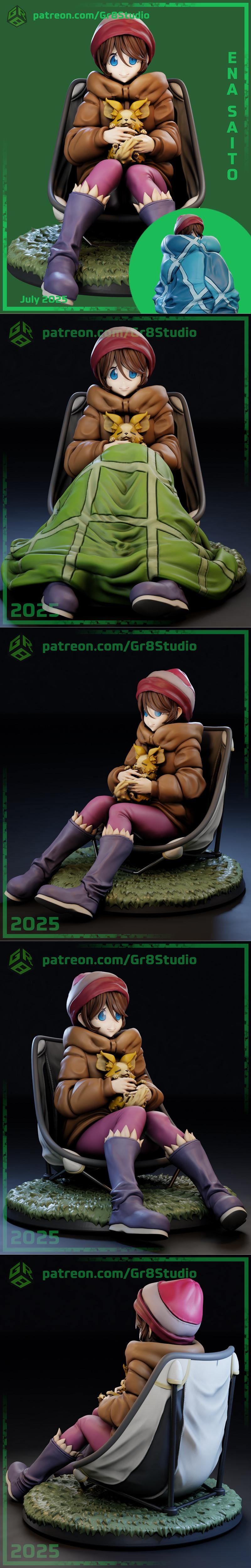 3D model of Ena Saito from Laid-Back Camp sitting in a chair, wrapped in a green blanket, holding a small animal. She...