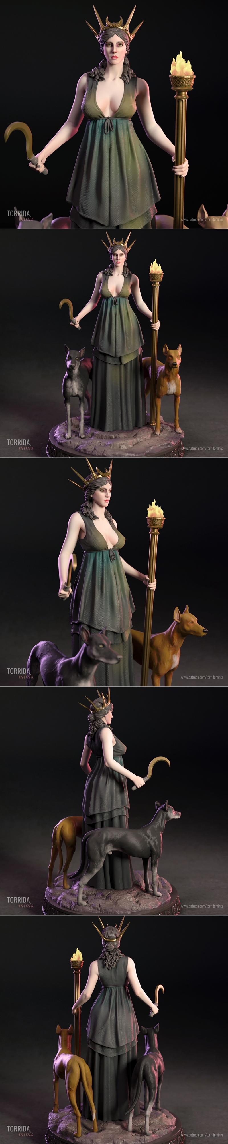 Hekate figure with flaming torch and sickle, wearing a green gown and ornate crown, flanked by two dogs on a rocky ba...