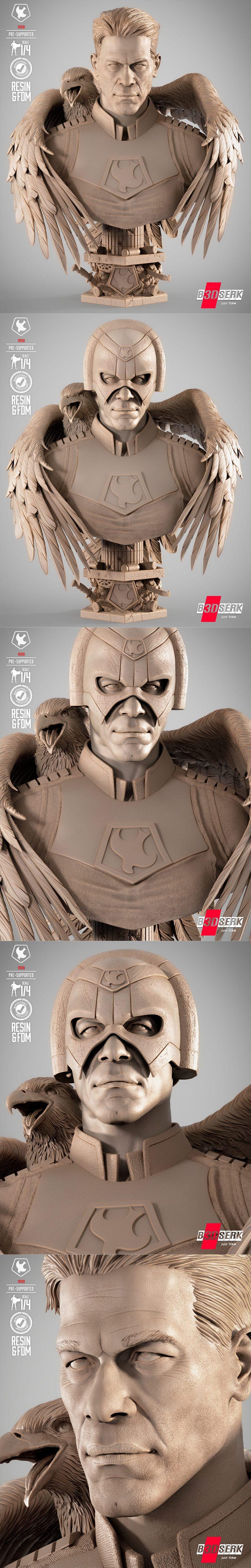 B3DSERK 3D print model bust of Peace Maker, wearing a helmet and armor with an eagle motif and wings, featuring a det...