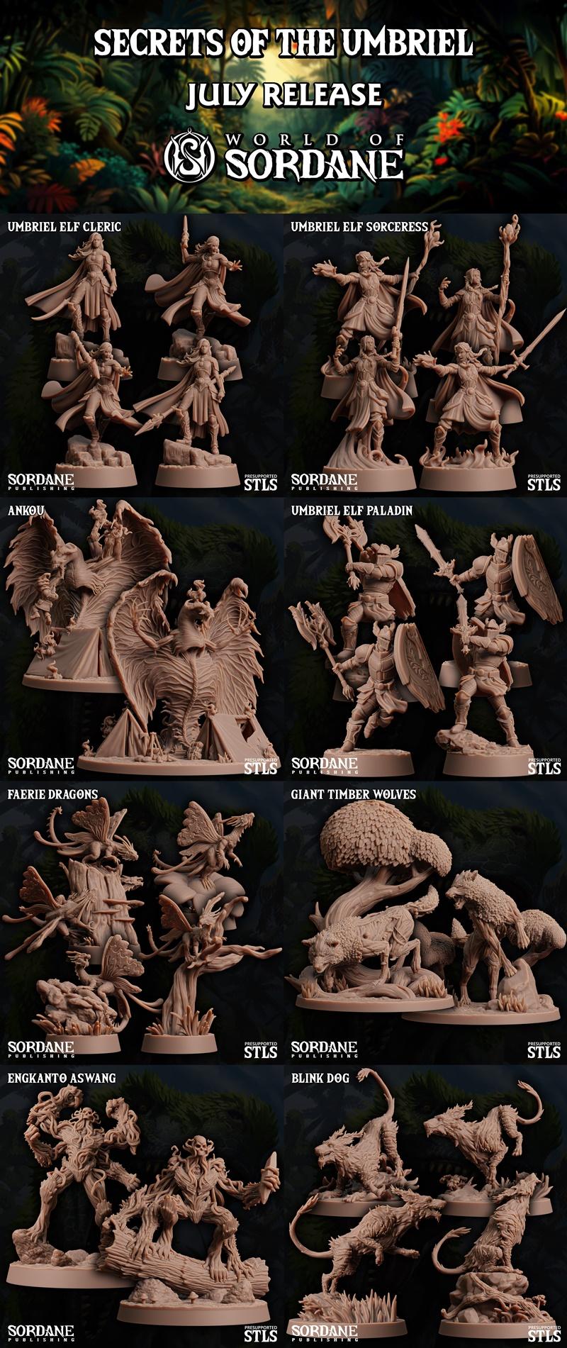 Collage of fantasy 3D printable miniatures from Sordane Publishing's 'Secrets of the Umbriel' July 2025 release, show...