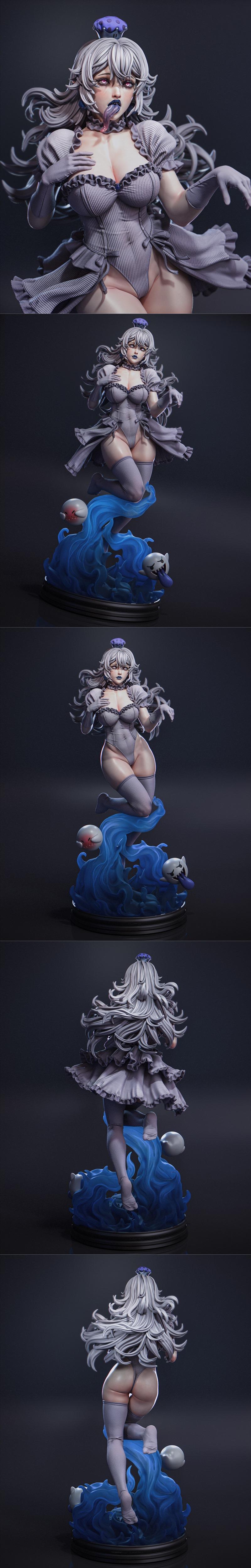 3D model of Boosette from Super Mario, wearing a revealing outfit and emerging from blue flames with Boo characters.