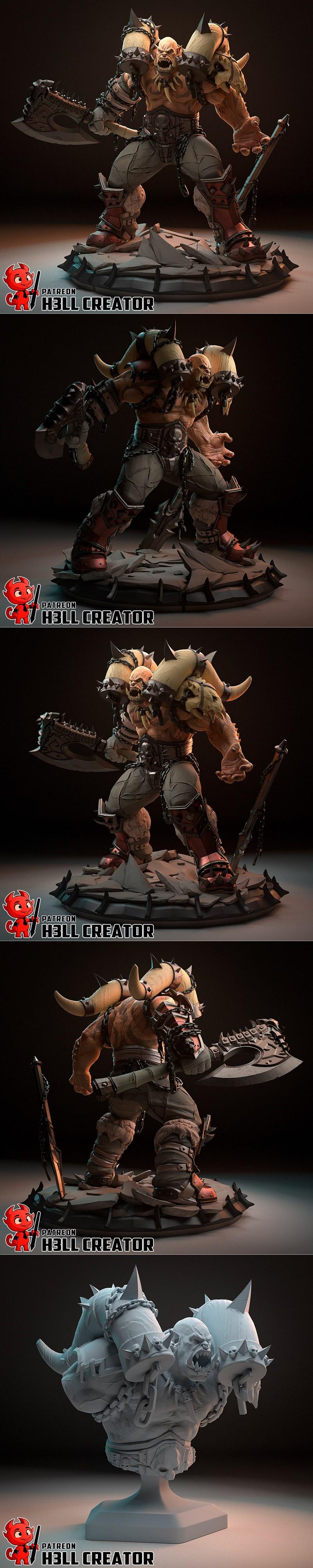 Garrosh Hellscream 3D model, a muscular orc warrior with large tusks and horns, wearing spiked armor and wielding a m...