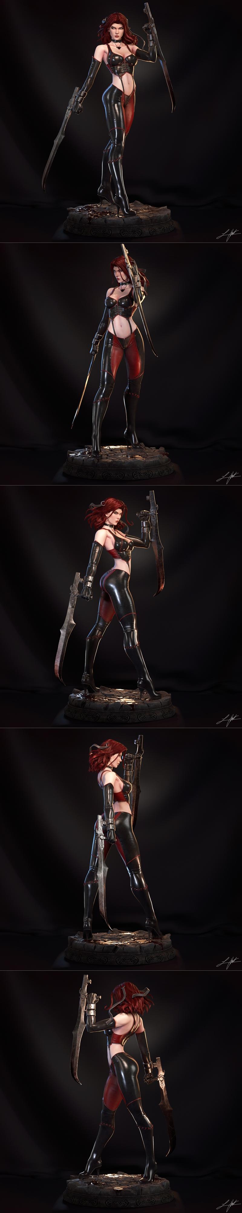 Rayne from BloodRayne, a female figure in a black latex outfit and red leggings, holding two large blades in a combat...