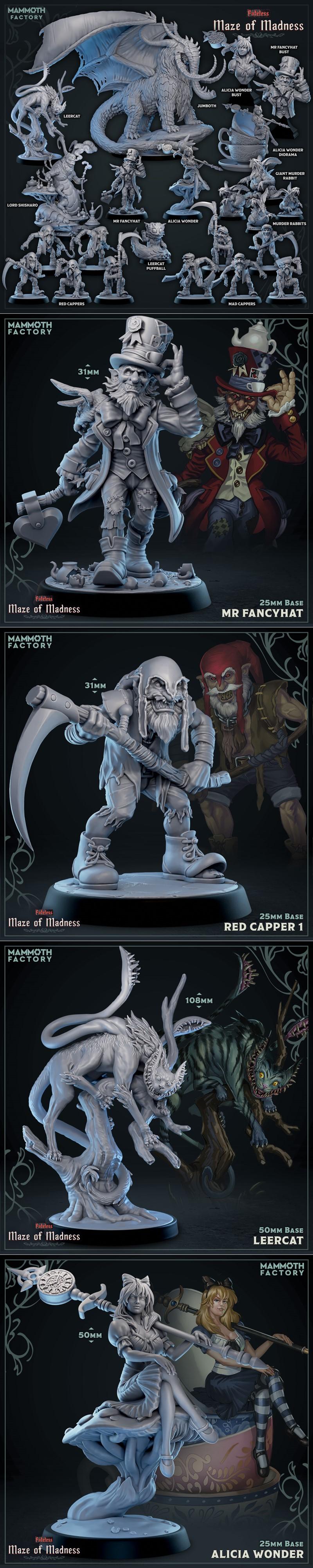 Collection of 3D printable fantasy figures from Mammoth Factory's Maze of Madness series, including a dragon, Jumboth...