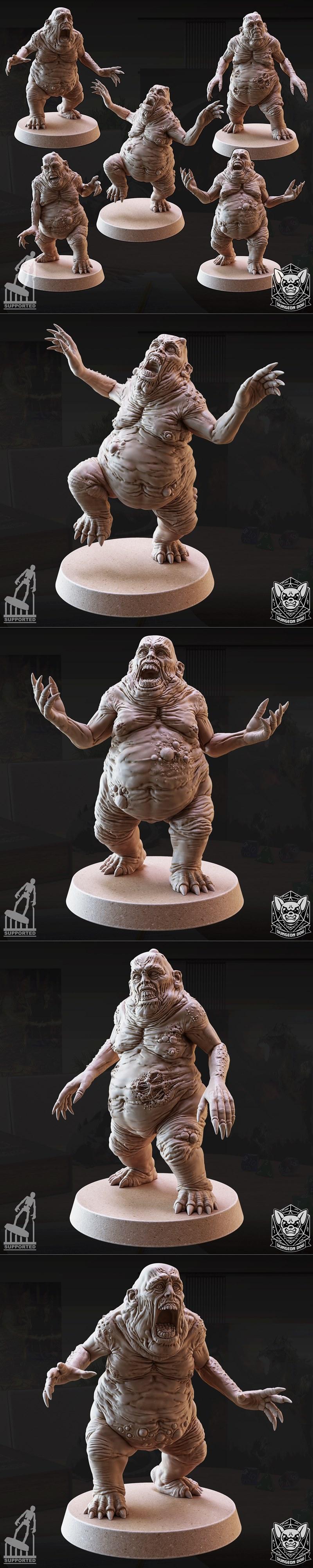 3D print model of a grotesque, hunched creature with wrinkled skin, pustules, sharp claws, and a screaming mouth, sho...
