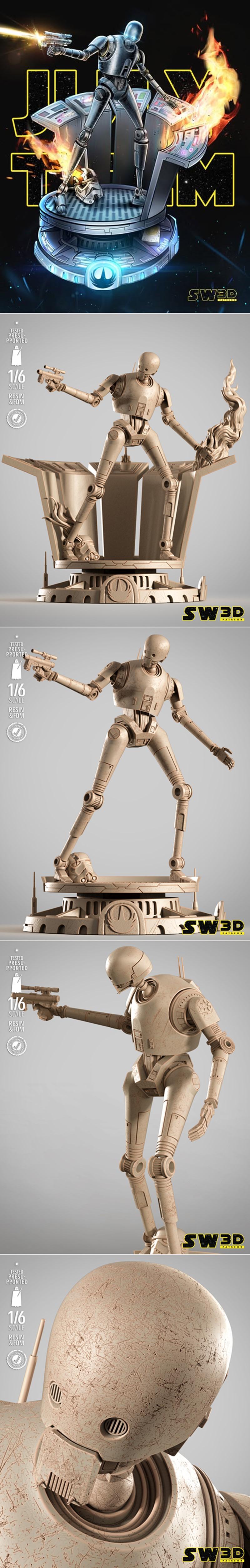 3D model of K-2SO droid from Star Wars, holding a blaster on a detailed diorama base with fire and a stormtrooper hel...