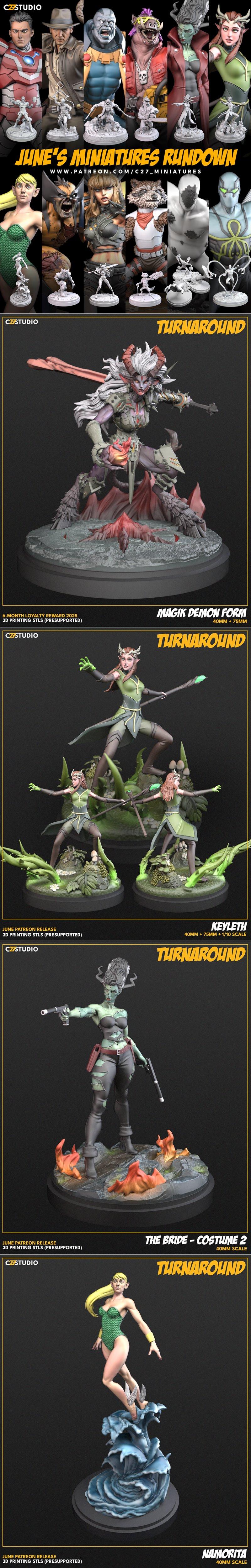 Collection of 3D printable miniatures: a demon woman, an elf druid, a horror bride, and a mermaid-like figure, presen...